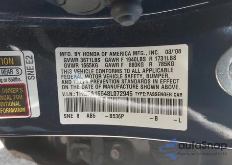 2008 Honda Civic Lx z USA, uszkodzony, nr VIN 1HGFA16548L072945